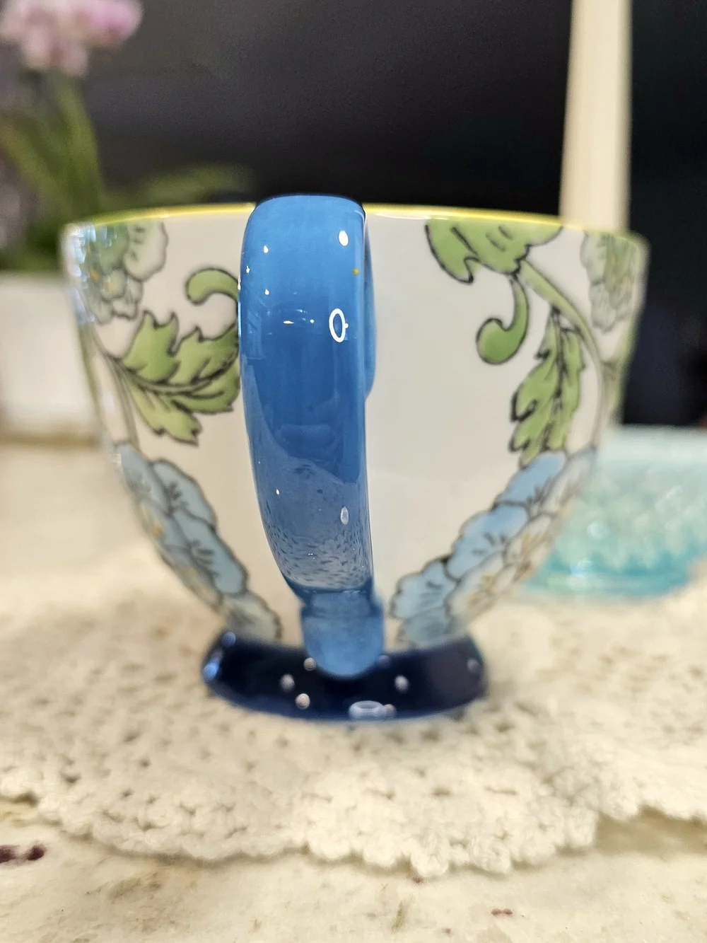 Blue Handpainted Floral Ceramuc Mug Pedestal Base Garden Teacup Special Moments
